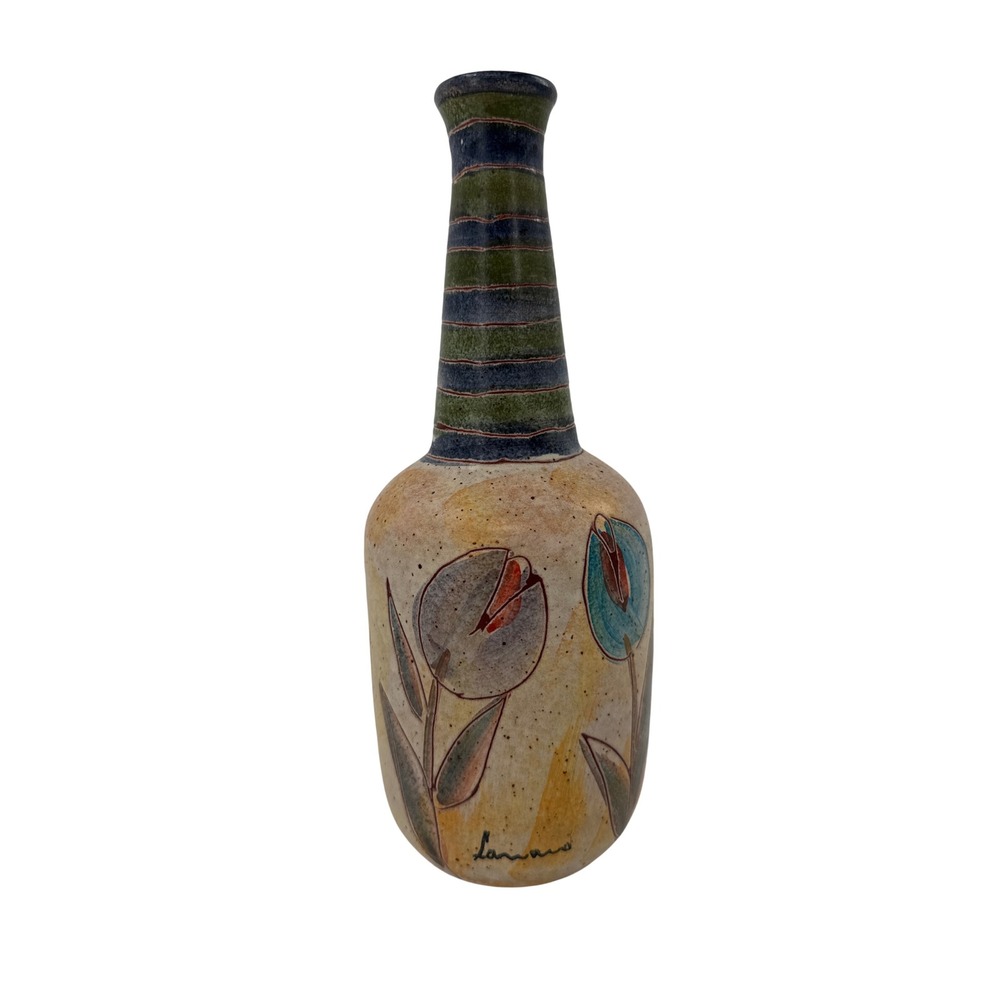 MCM Pottery Vase Signed by artist Italian Hand Painted Floral Striped Art Deco